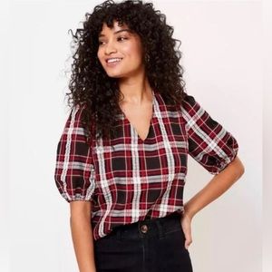 Loft black, white, and red plaid short sleeve blouse.